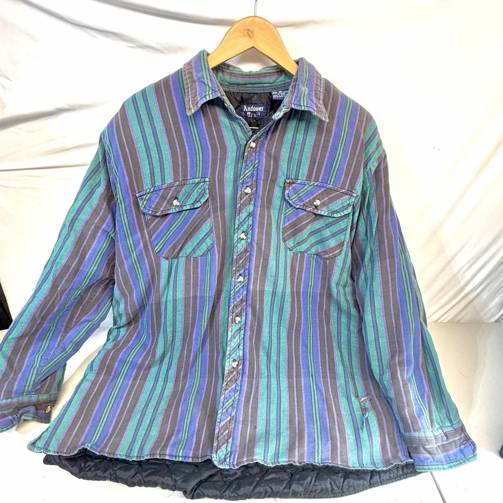 Vintage 90's THRASHED  Men XL/ L Quilt Lined Shacket Teal Purple Indigo Shirt